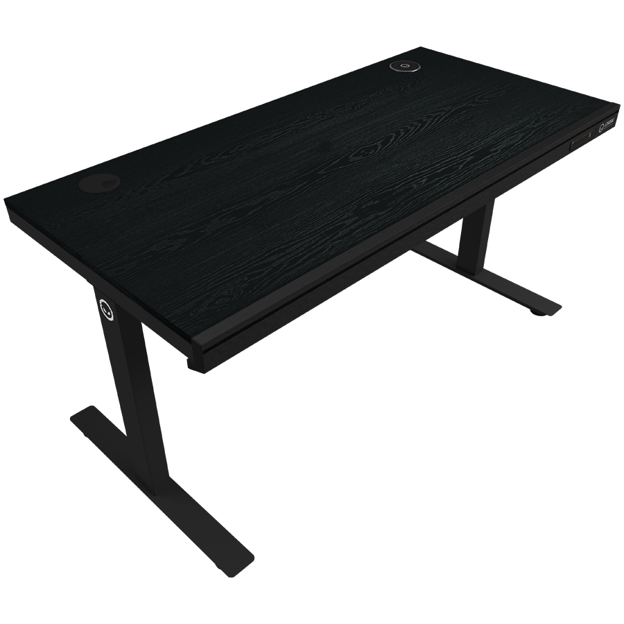 Dual-motor sit/stand adjustable-height gaming desk with wireless charger, RGB lighting, control panel, and USB ports, PB melamine surface tabletop, black.