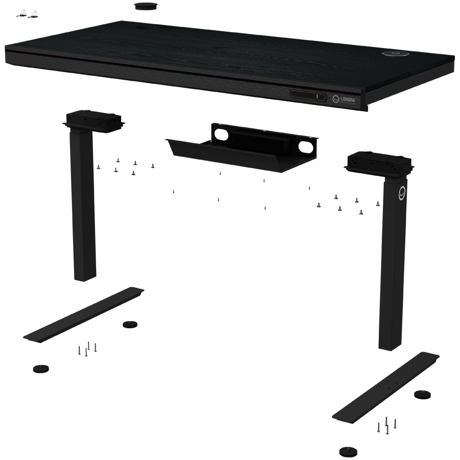 Dual-motor sit/stand adjustable-height gaming desk with wireless charger, RGB lighting, control panel, and USB ports, PB melamine surface tabletop, black.