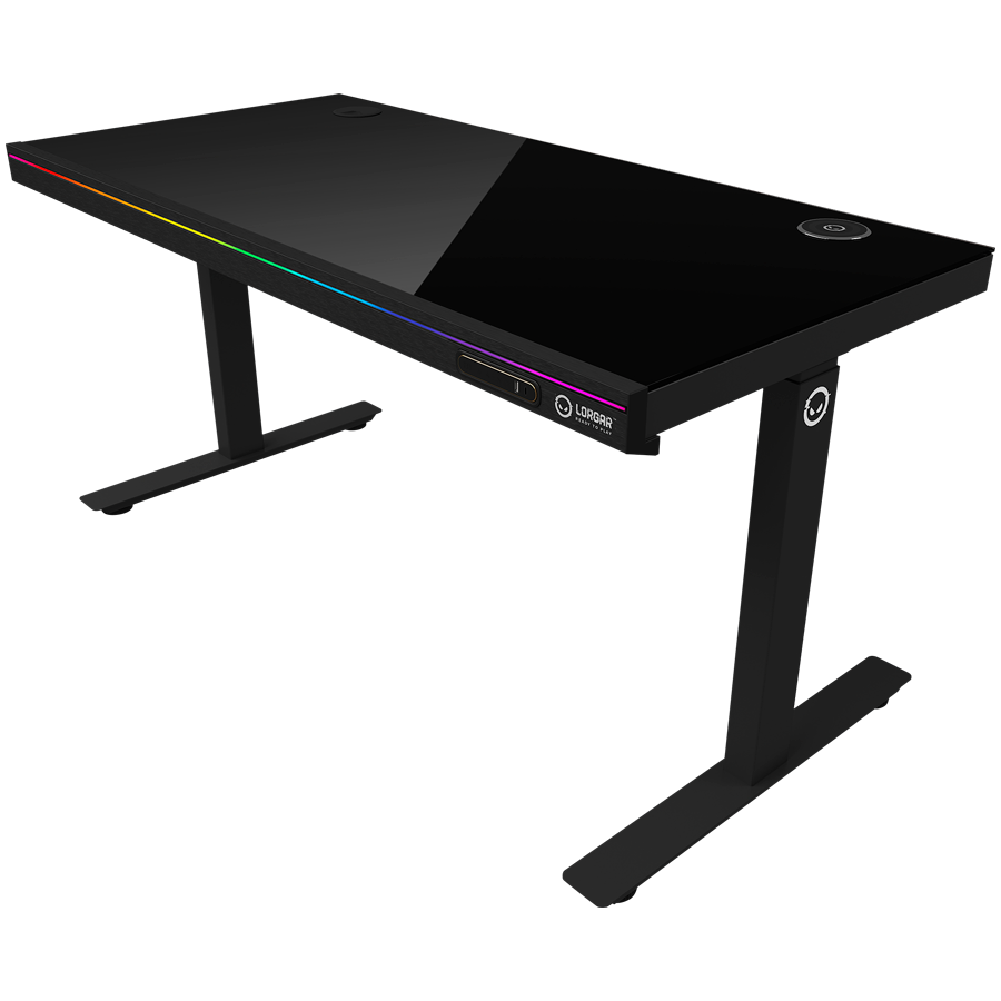 Dual-motor sit/stand adjustable-height gaming desk with wireless charger, RGB lighting, control panel, and USB ports, solid tempered glass tabletop, black.