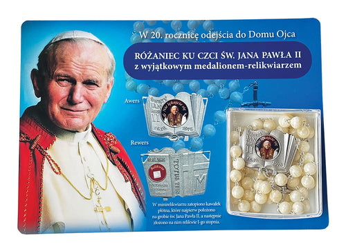 Różaniec ku czci św. Jana Pawła II z wyjątkowym medalionem – relikwiarzem