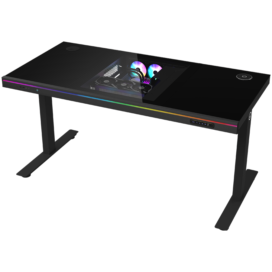 Dual-motor sit/stand adjustable-height gaming desk with built-in PC case, wireless charger, RGB lighting, control panel, and USB ports, tempered glass tabletop, black.