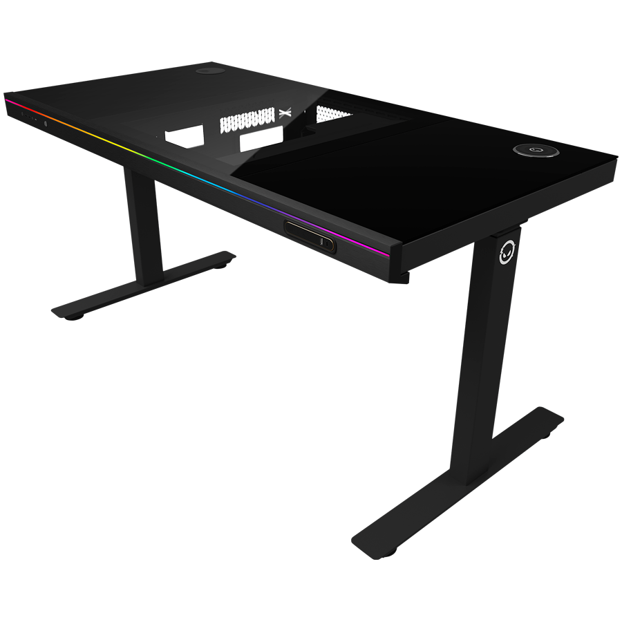 Dual-motor sit/stand adjustable-height gaming desk with built-in PC case, wireless charger, RGB lighting, control panel, and USB ports, tempered glass tabletop, black.