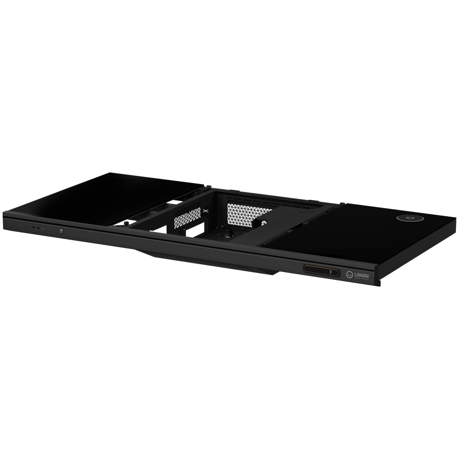 Dual-motor sit/stand adjustable-height gaming desk with built-in PC case, wireless charger, RGB lighting, control panel, and USB ports, tempered glass tabletop, black.