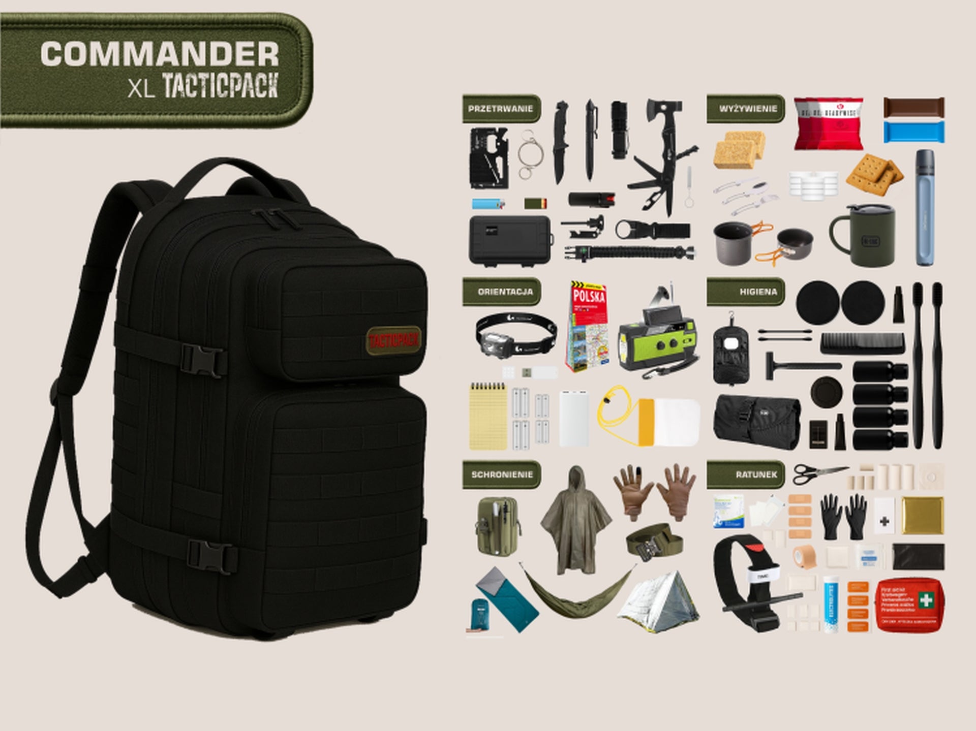 TACTICPACK XL COMMANDER (PLECAK BEZPIECZEŃSTWA)  Plecak ewakuacyjny z wyposażeniem kolor czarny