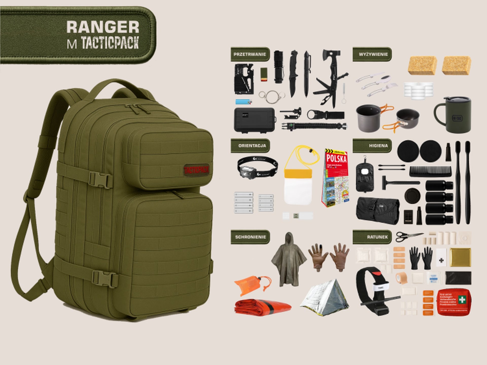 TACTICPACK M RANGER (PLECAK BEZPIECZEŃSTWA)  Plecak ewakuacyjny z wyposażeniem kolor oliwkowy