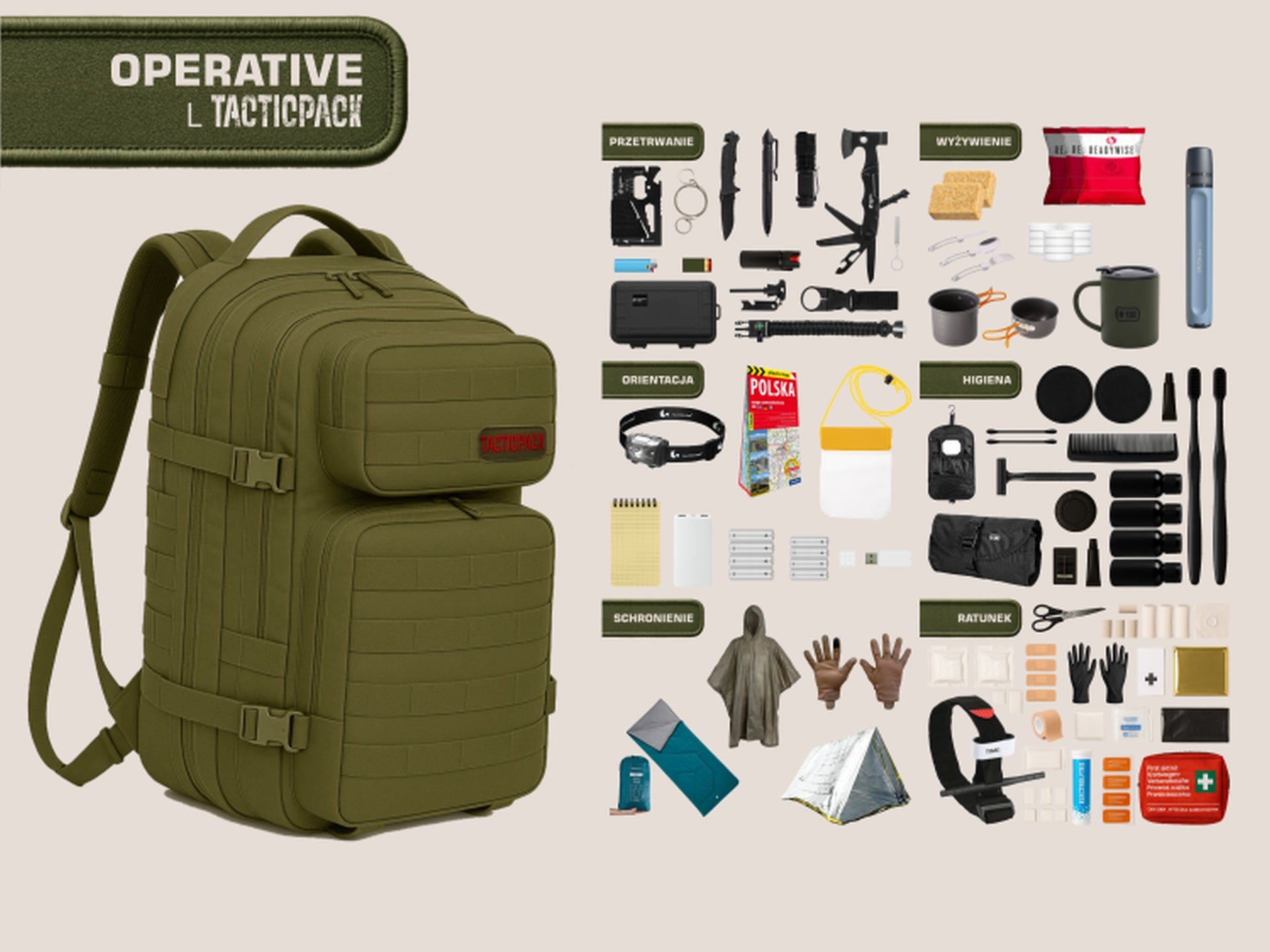 TACTICPACK L OPERATIVE (PLECAK BEZPIECZEŃSTWA)  Plecak ewakuacyjny z wyposażeniem kolor oliwkowy