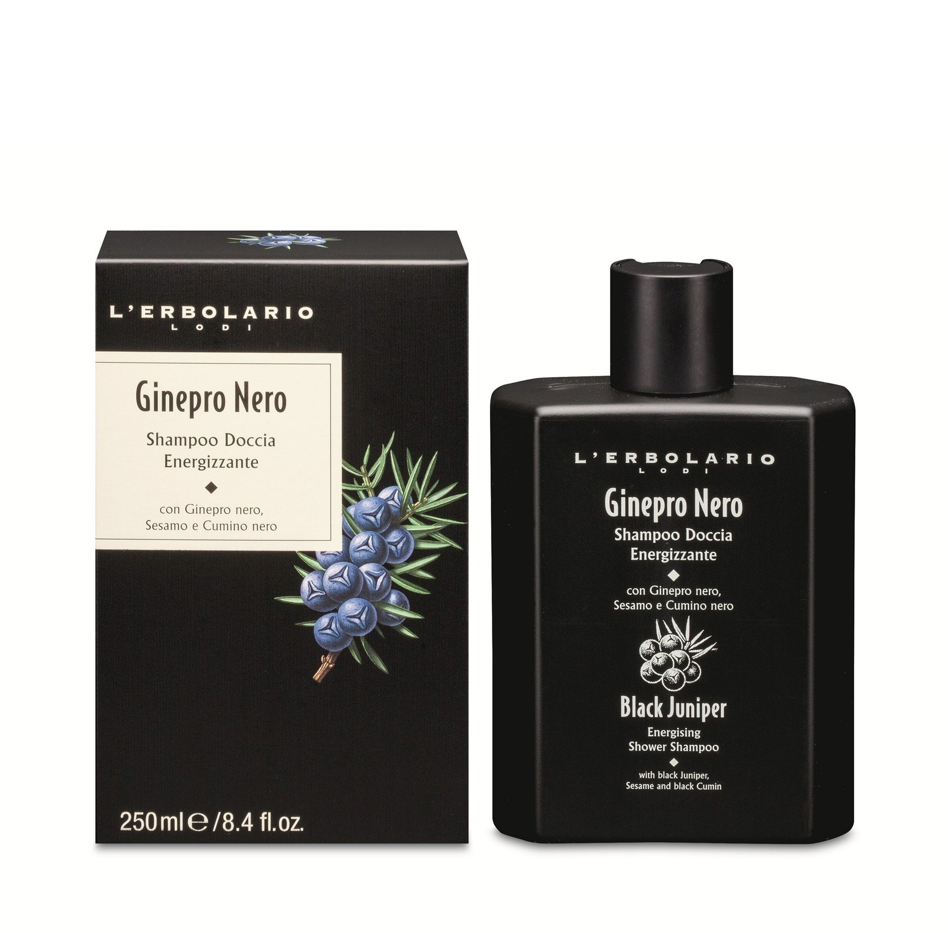 L'ERBOLARIO GINEPRO NERO ENERGETYZUJĄCY SZAMPON I ŻEL POD PRYSZNIC, 250ML
