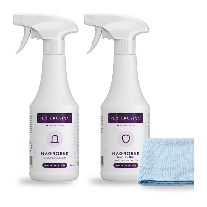 PERFEKCYJNA Zestaw do nagrobka i pomnika – płyn do czyszczenia 500 ml + impregnat 500 ml + ściereczka z mikrofibry
