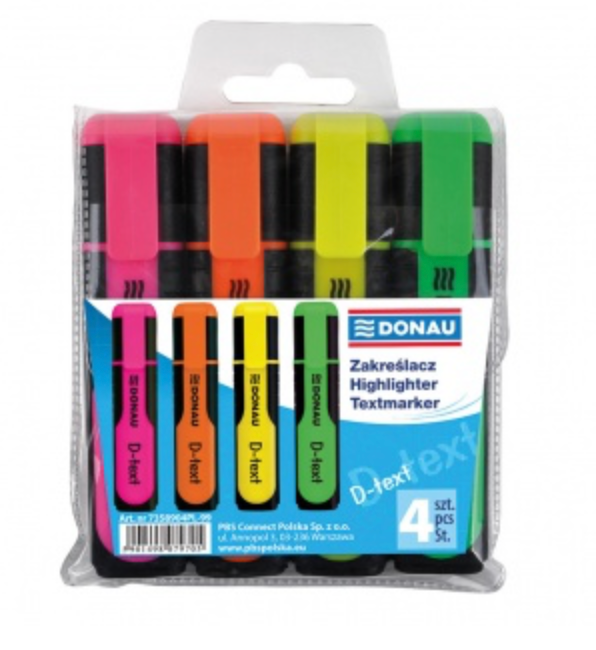 Kpl.zakreślaczy Donau D-text kpl.4 kol. etui 7358904PL-99 gumowane boki