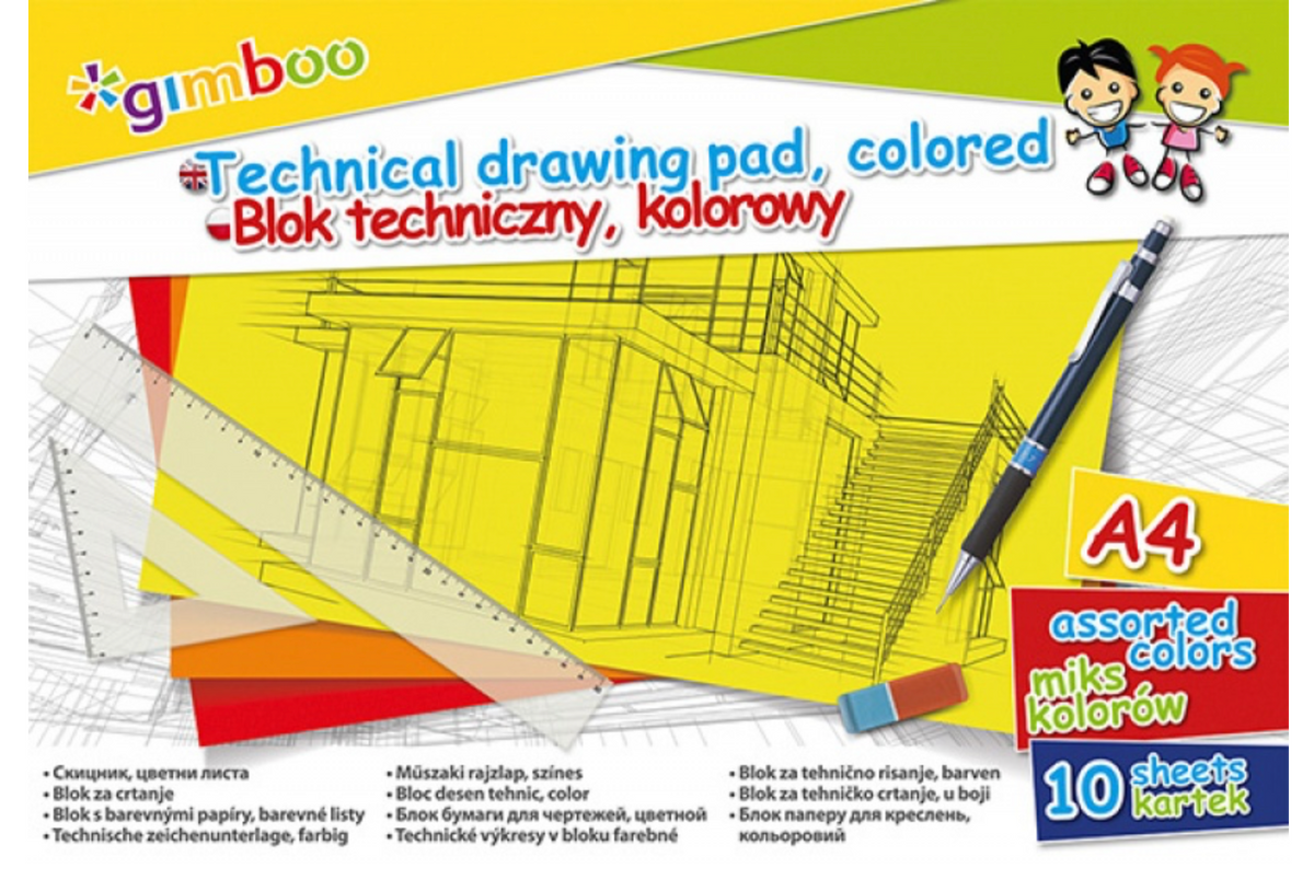 Blok techniczny GIMBOO, A4, 10 kart., 150gsm, mix kolorów