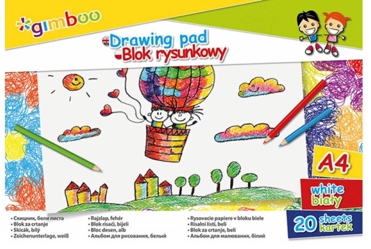 Blok rysunkowy GIMBOO, A4, 20 kart., 70gsm, biały