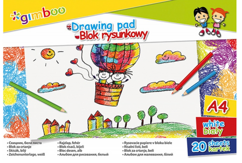 Blok rysunkowy GIMBOO, A4, 20 kart., 70gsm, biały
