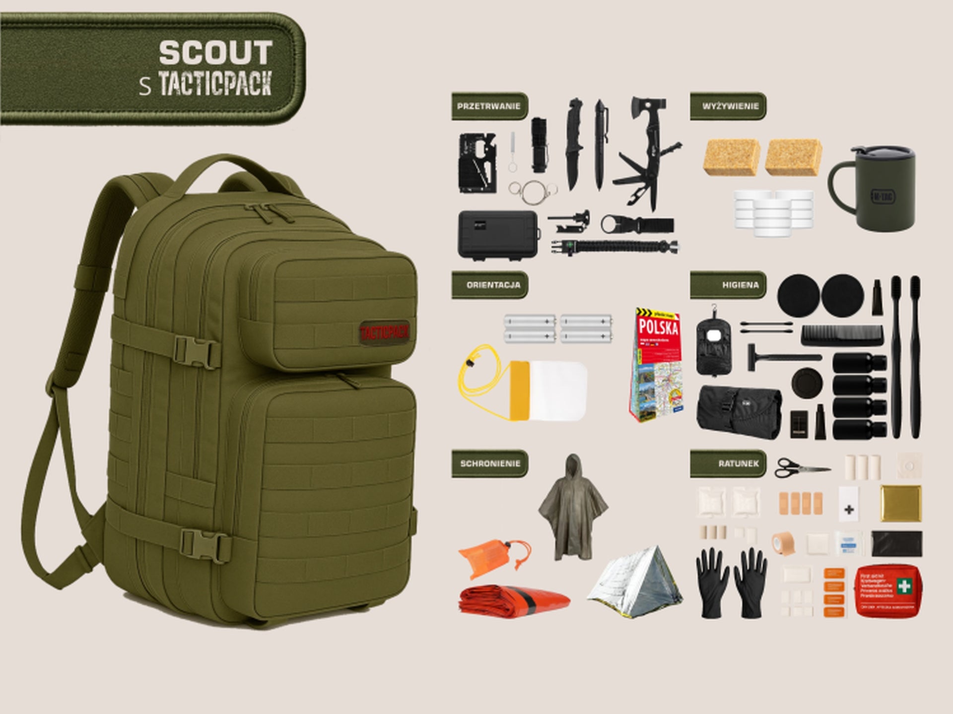 TACTICPACK S SCOUT (PLECAK BEZPIECZEŃSTWA)  Plecak ewakuacyjny z wyposażeniem kolor oliwkowy