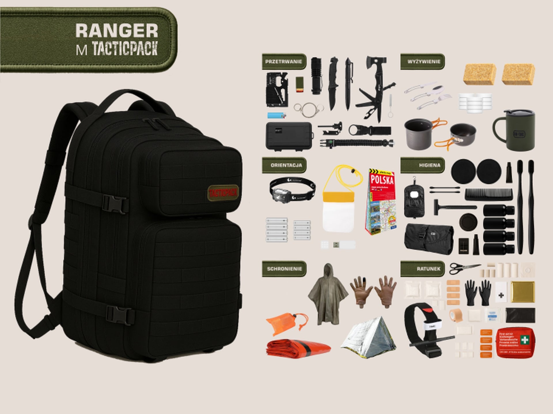 TACTICPACK M RANGER (PLECAK BEZPIECZEŃSTWA)  Plecak ewakuacyjny z wyposażeniem kolor czarny