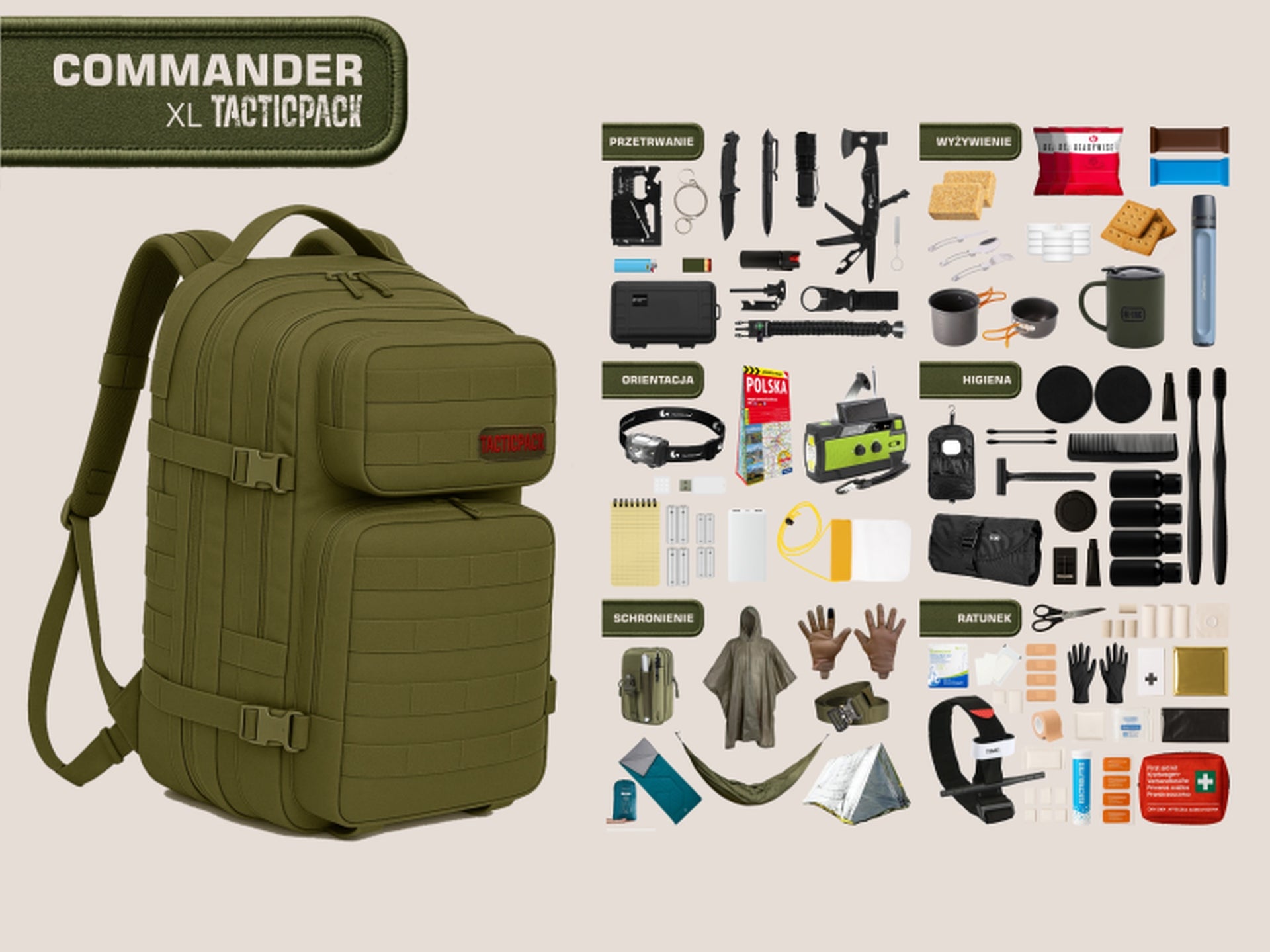 TACTICPACK XL COMMANDER (PLECAK BEZPIECZEŃSTWA) Plecak ewakuacyjny z wyposażeniem kolor oliwkowy