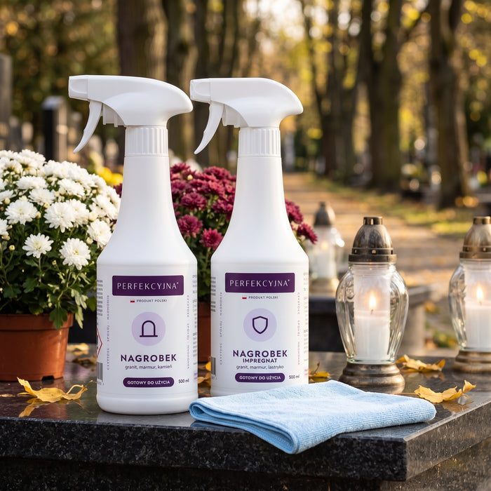 PERFEKCYJNA Zestaw do nagrobka i pomnika – płyn do czyszczenia 500 ml + impregnat 500 ml + ściereczka z mikrofibry