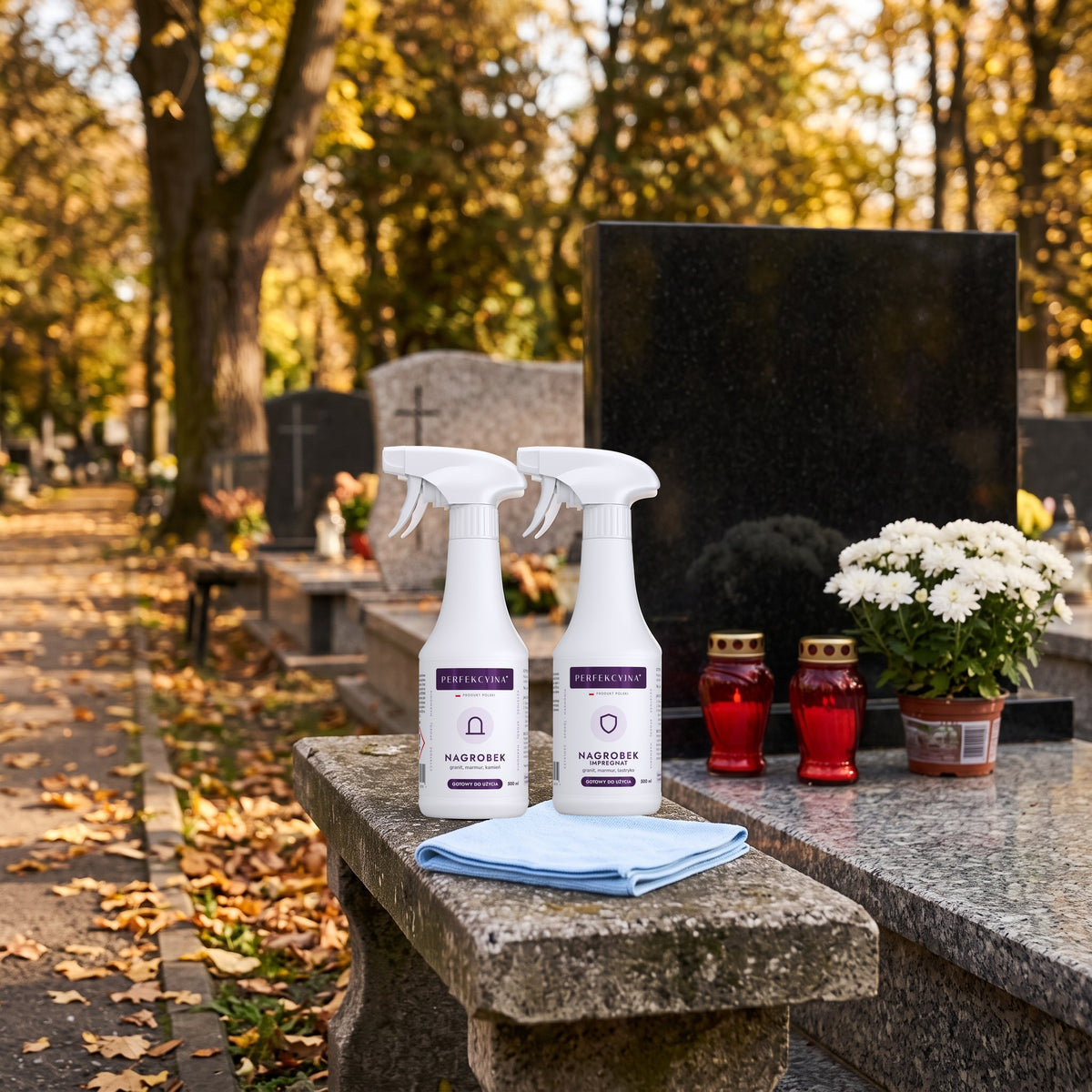 PERFEKCYJNA Zestaw do nagrobka i pomnika – płyn do czyszczenia 500 ml + impregnat 500 ml + ściereczka z mikrofibry