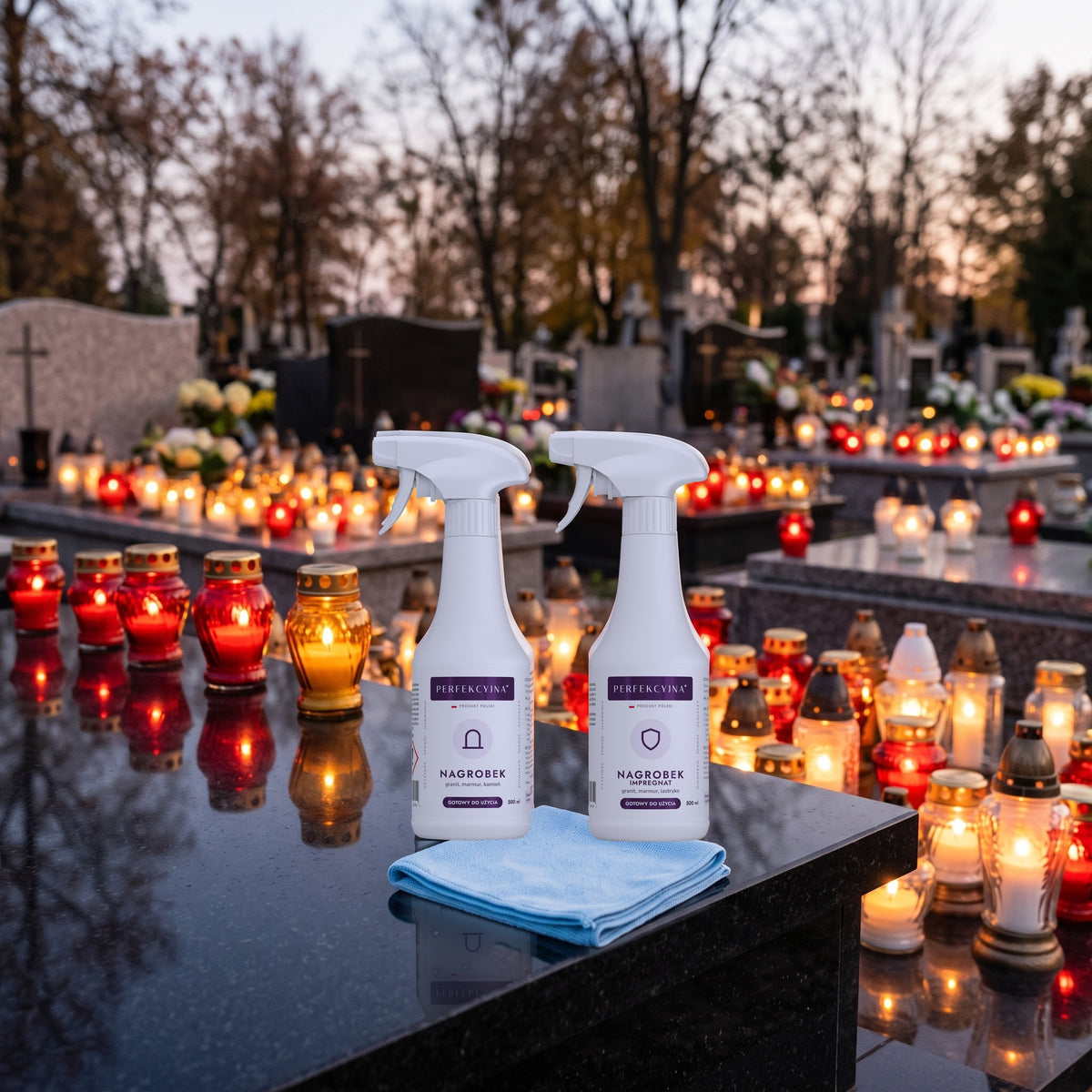 PERFEKCYJNA Zestaw do nagrobka i pomnika – płyn do czyszczenia 500 ml + impregnat 500 ml + ściereczka z mikrofibry
